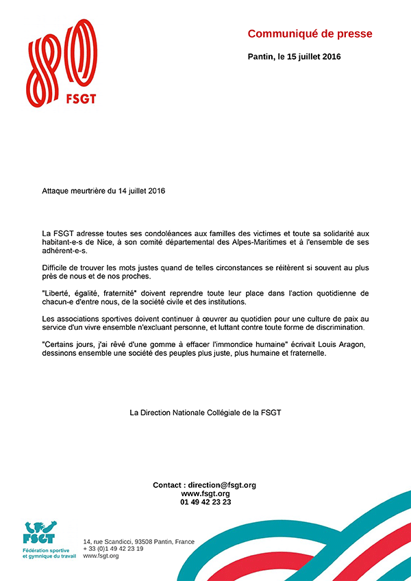 Communiqué FSGT attaque de Nice juillet 2016