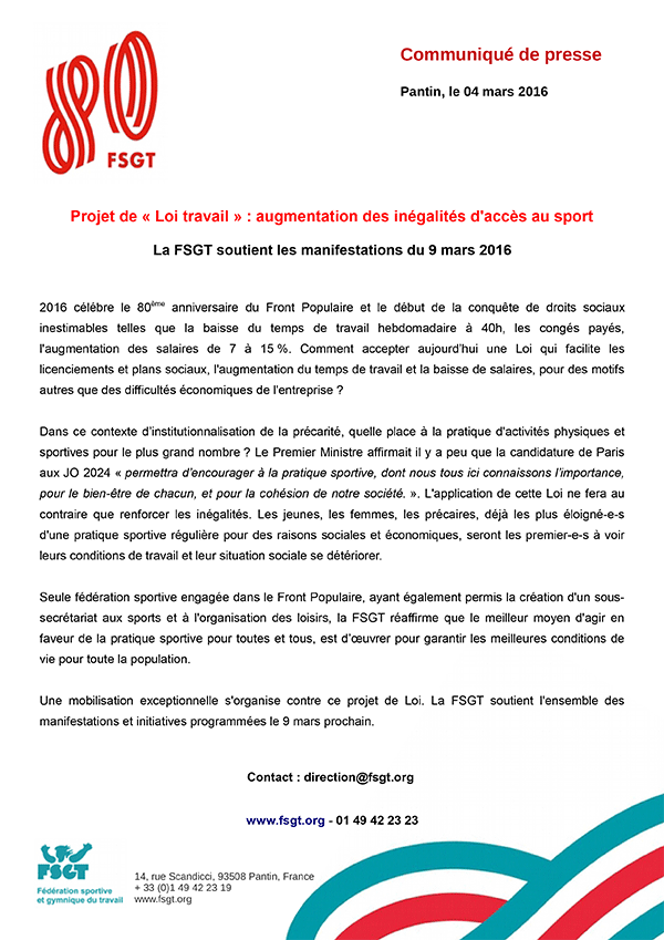 Communiqué FSGT Loi Travail 3 mars 2016